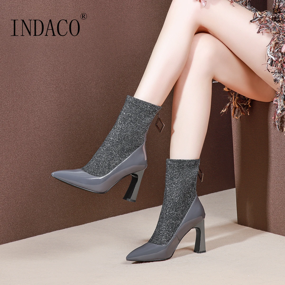 

2018 Autumn Winter Leather Patent Leather Sock Boots Pointed Toe High Heel Mid High Heel Boots 8.5cm