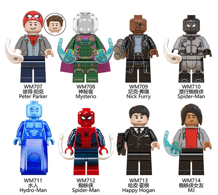 

8PCS Marvel Far From Home Spider-man Mysterio Weapon Spider Web Nick Fury Agents of Shield Figures Building Blocks Kids Toys