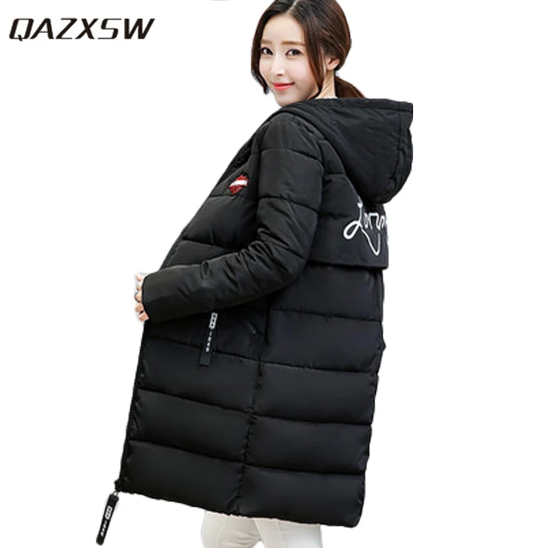 

QAZXSW 2017 Winter Cotton Coat Women Jacket New Casual Printing Parkas Long Sleeve Thick Girl Super Warm Outerwear Coat HB374