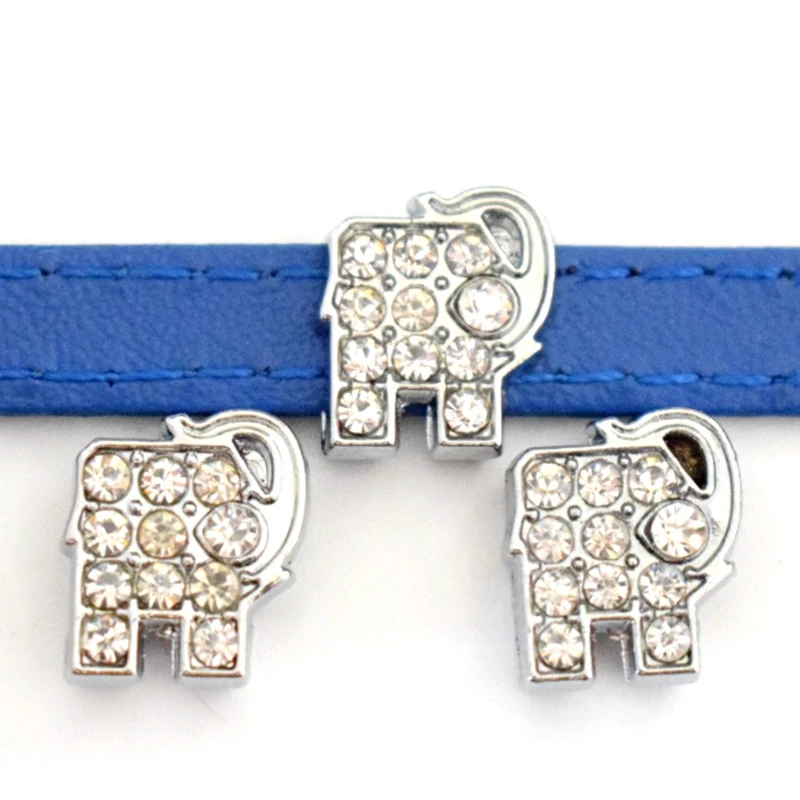 

8mm Hole Silver Rhinestone Elephant Slide Charms Beads DIY Accessories Handmade Jewelry For 8mm Bracelets Key Chains Pet Collar