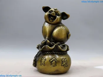 

6" China brass copper carved lucky Gold bag make a fortune pig Sculpture Statue