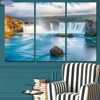 

DIY Diamond Painting 3 Pieces Waterfall Blue River Pictures Scenery Multi Collages Handmade Gift Full Square Diamond Embroidery