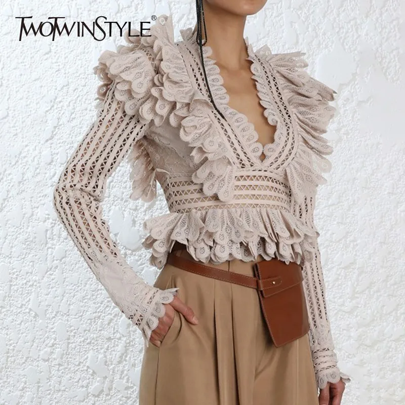 Najtaniej TWOTWINSTYLE Koronki Wzburzyć Koszula Bluzka Kobiet V Neck Z Długim Rękawem Sexy Bluzki Bluzki Kobiet 2018 Moda Jesień Ubrania Nowe