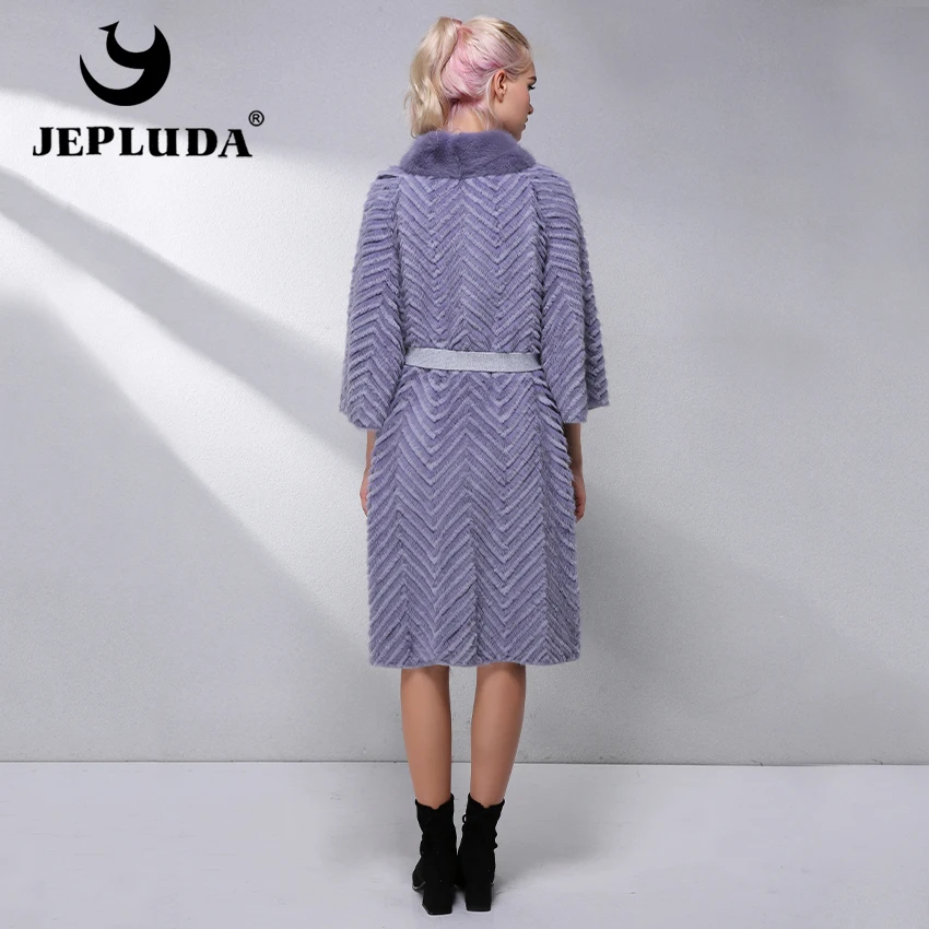 JEPLUDA Норковая Шуба Натуральный Мех с Воротник Приталенный Длительный Вязаная