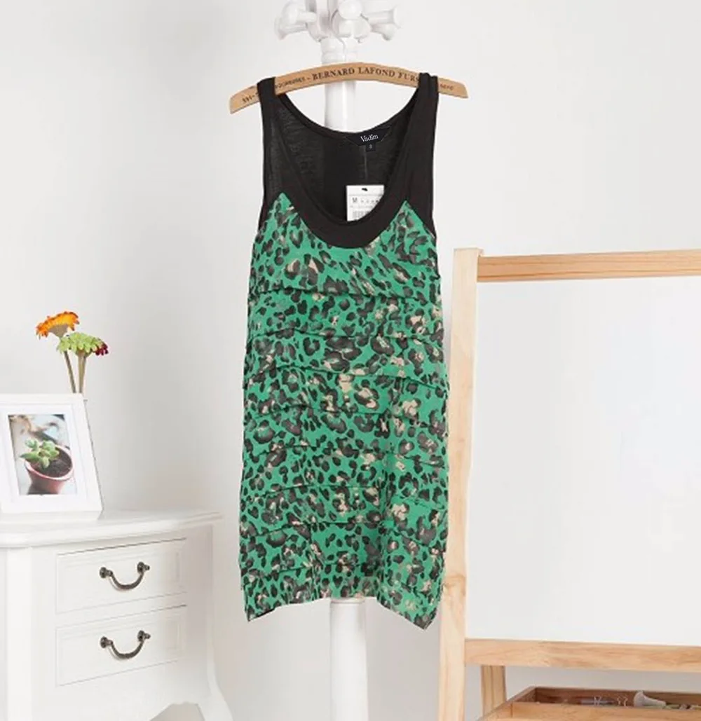

Women sexy Green Leopard shift dress ruffles Vestido Feminino summer chiffon O neck sleeveless casual slim dress QZ301