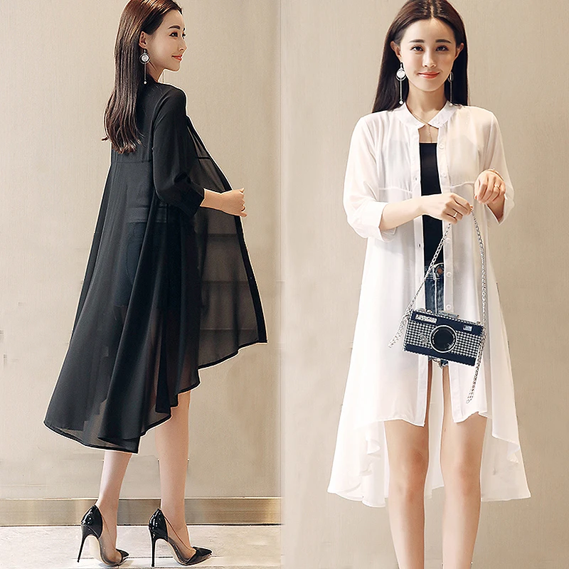 2019 Summer Chiffon Blouse Women Stand Collar Loose Tops Blouses Plus Size Chiffon Kimono Cardigan boho Black White Shirts