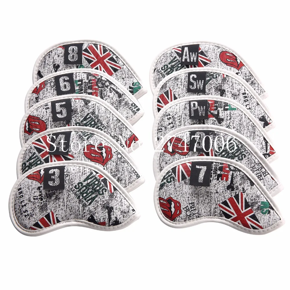 10 قطع جولف الحديد غطاء الرأس UK العلم الجمجمة مع عدد الكلمات سميكة بو الجلود الاصطناعية أنيق الحديد نادي غطاء رأس