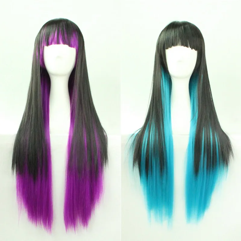 Anime Harajuku Lolita Long Straight Black Purple Blue Ombre Wig