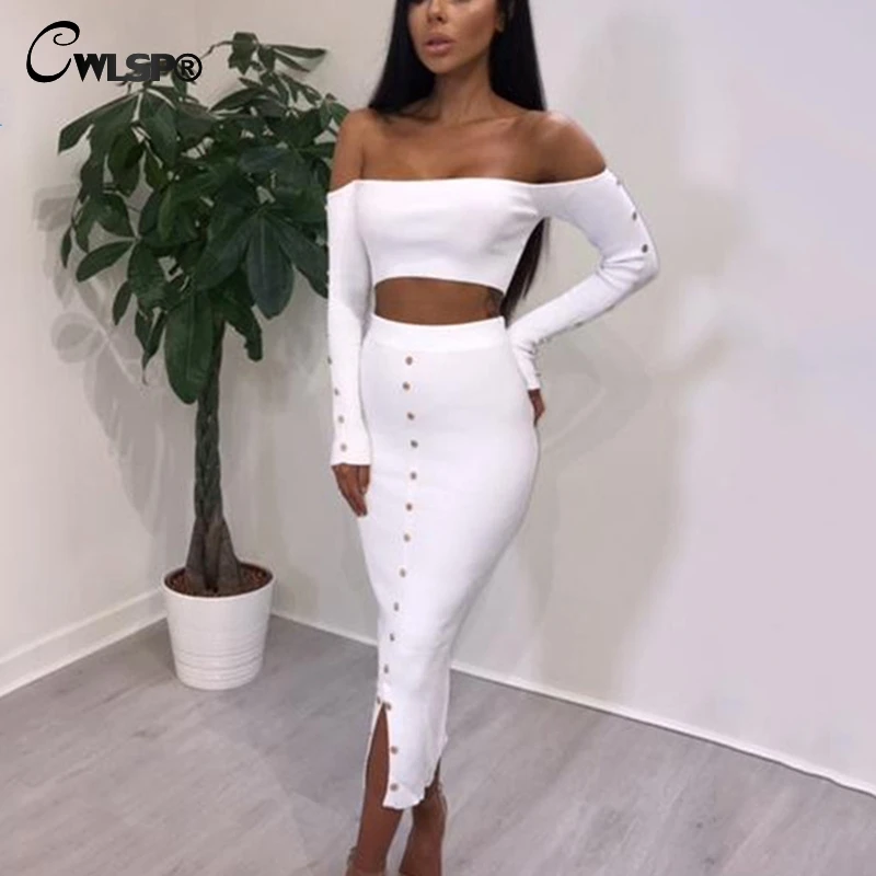 CWLSP 2018 Autumn Slash Neck Women Dress Two Pieces Set Crop Top Long Sleeve Off Shoulder Ribbed Dress With Rivet Split Vestidos CWLSP 2018 Autumn Slash Neck Women Dress Two Pieces Set Crop Top Long Sleeve Off Shoulder Ribbed Dress With Rivet Split Vestidos