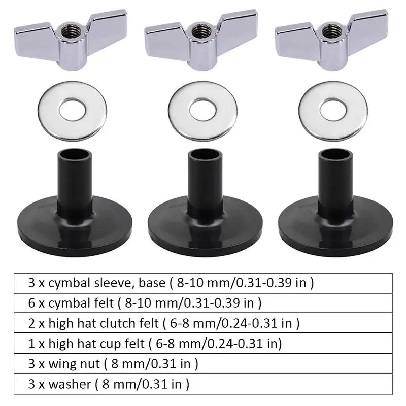 18 шт./компл. Cymbal Замена барабанные аксессуары комплект 6 Cymbal Felts Высокая шляпа клатч/чашка Войлок 3 Cymbal рукава 3 барашковые гайки 3 шайбы