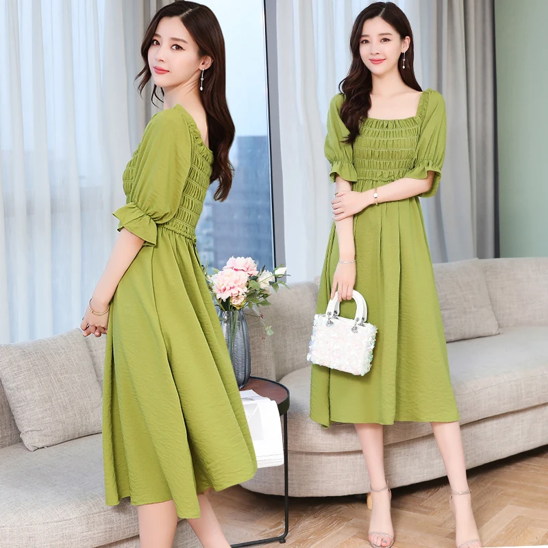 

Summer Women Green Dress Long Girls Elegant Ruffle Korean Cute Beach Office Midi Lady Dress Vacation Vintage Runway Vestidos New