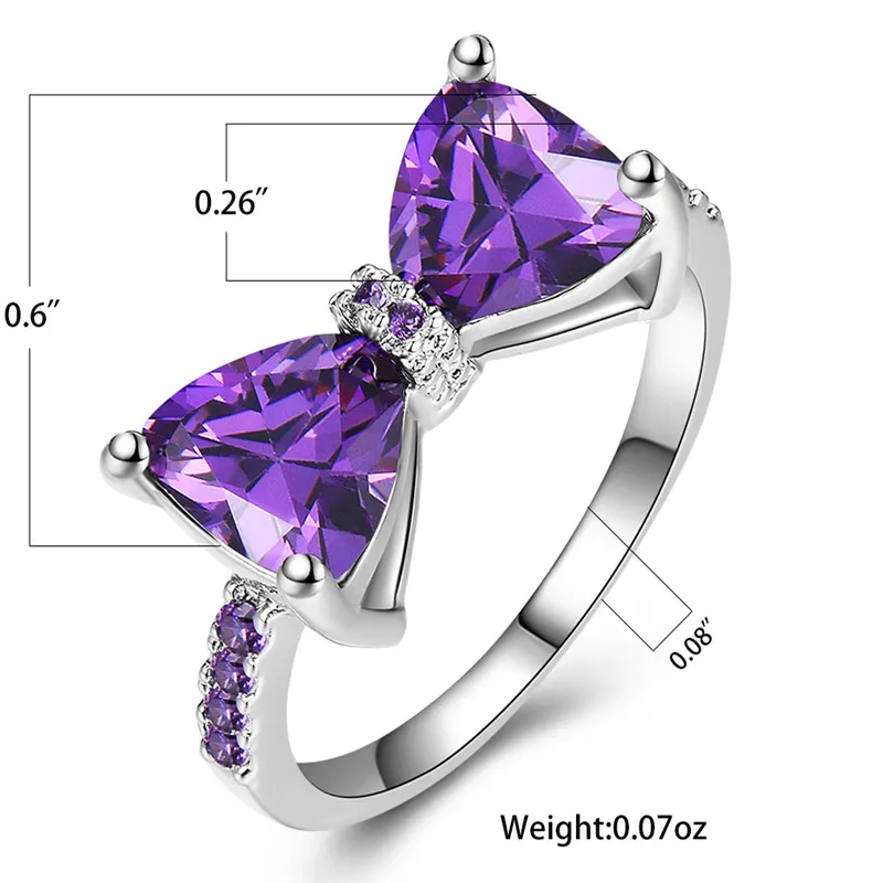 Роскошное женское Кристальное пурпурное каменное кольцо милый дизайн Маленький бант обручальное кольцо Бохо женские обручальные кольца
