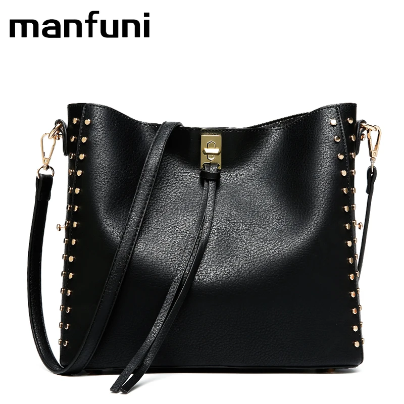 

MANFUNI Leather Handbag Large Capacity Women Shoulder Bag Retro Rivet Tote Purse High Quality Casual Female Shopping Bags
