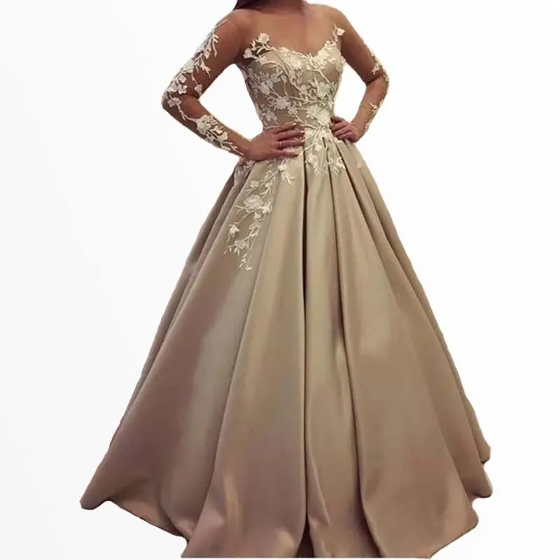 Lace Applique Ruffle Satin Prom Gowns A Line Sweep Train Evening Gowns