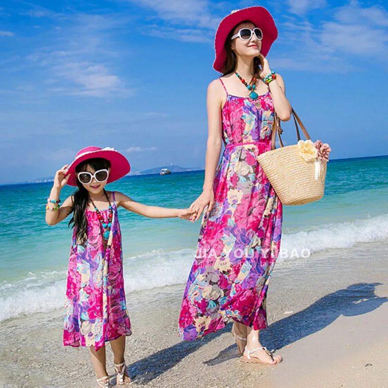 

New Fashion Family Set Clothes for Mother and Daughter Bohemian Flower Printing Sleeveless Suspenders Maxi Dress
