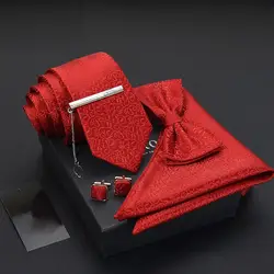 Галстуки, установленные для Для мужчин Роскошные зажим для галстука платок галстук запонки Для мужчин Красный Пейсли жаккард Свадебная