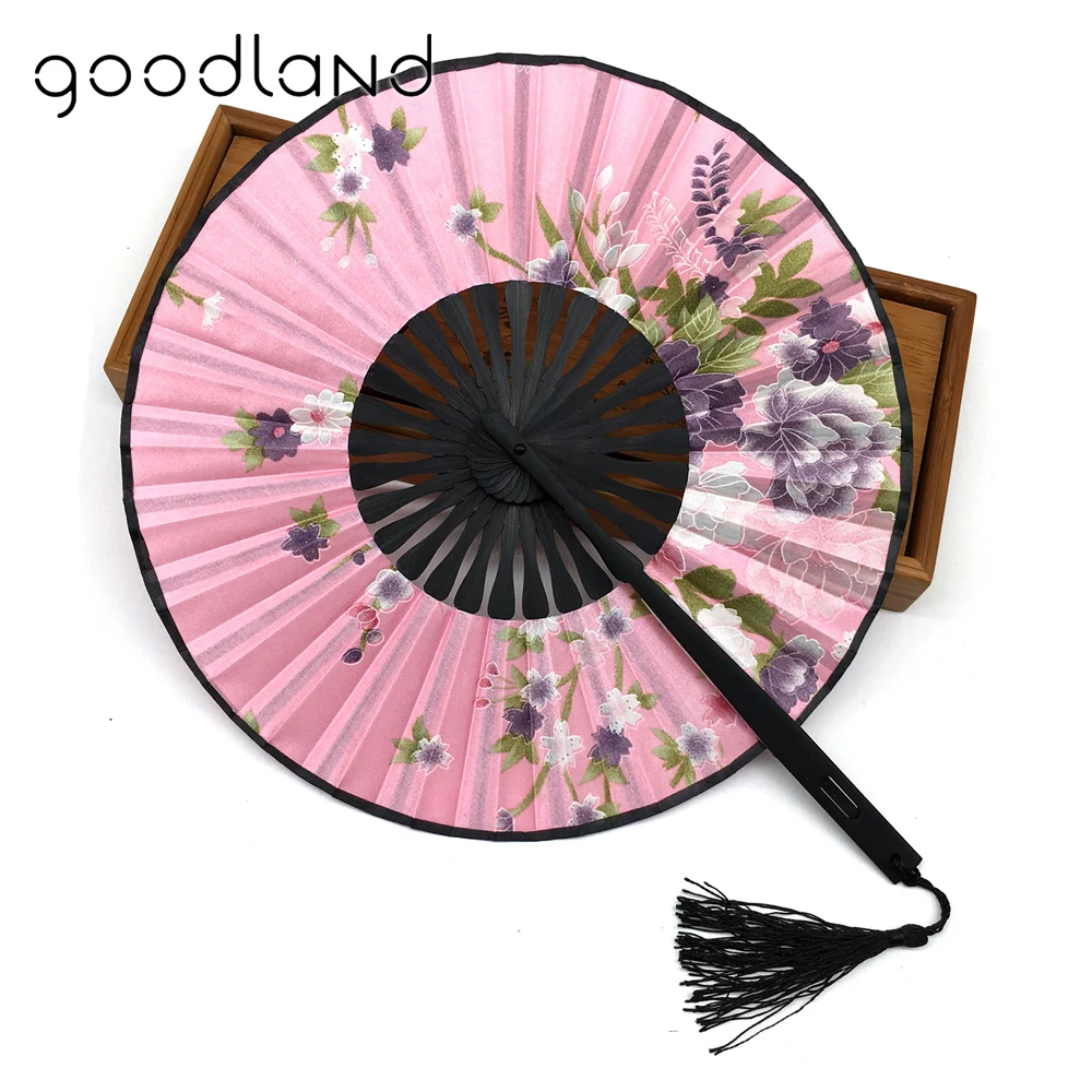 

Free Shipping 1pcs Round Bamboo Charming Floral Print Pocket Folding Fan with Tassel and Cloth Bag Wedding Favors and Gifts