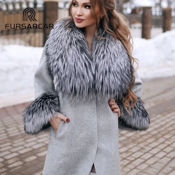 

FURSARCAR Natural Real Fur Coat Women Woolen Fur Coat With Thick Fox Fur Collar 2019 New Style Woolen Skin Fur Coat Hot Sale