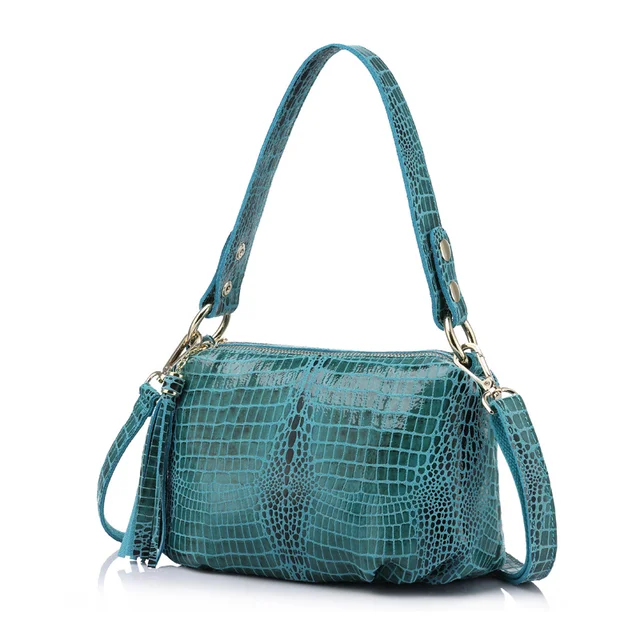 REALER flap genuine leather women handbag crocodile pattern bag female shoulder bag with tassel ladies messenger bag