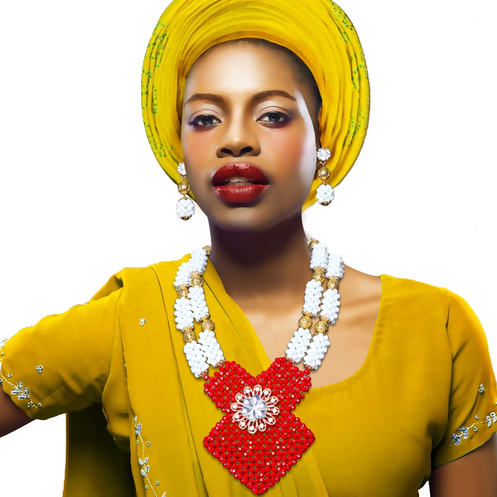

Trend Red White Bib Style Bridal Crystal Beaded Jewelry African Wedding Nigerian Wedding Beads Jewelry Set For Women