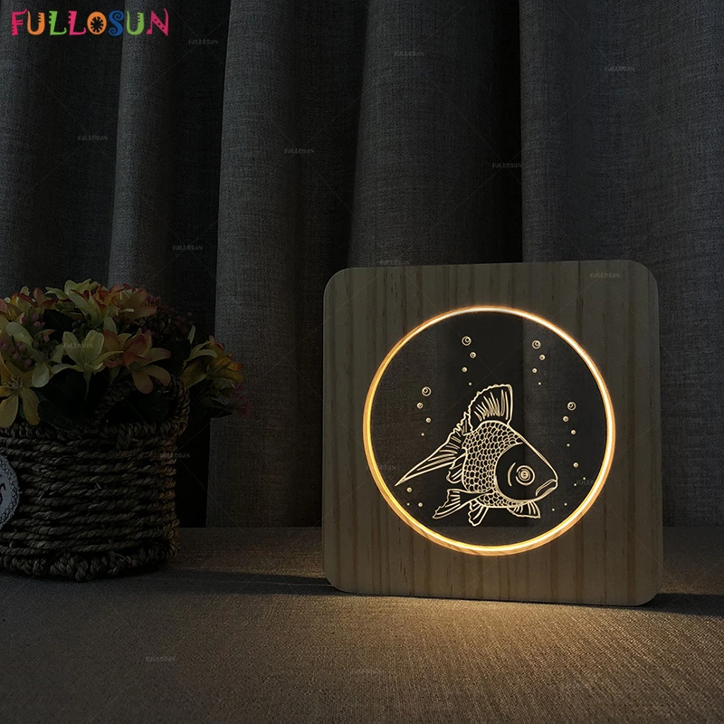 

FULLOSUN Fish Model LED 3D Acrylic Light Warm White Color Wooden Desk lamp Decoration Lighting for Christmas Holiday Gift