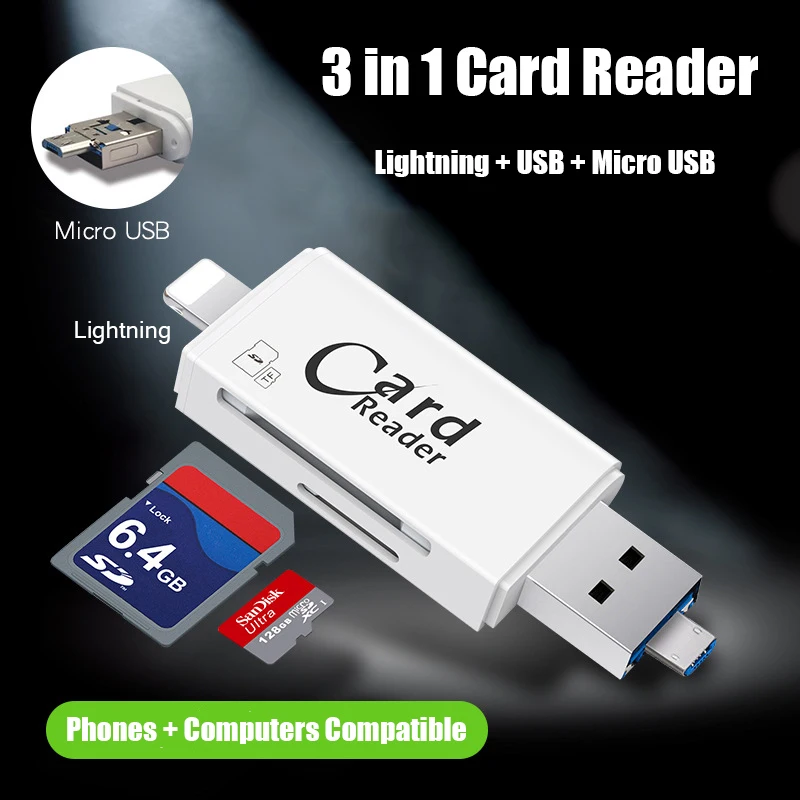 3 In 1 SD TF Card Reader Lightning Micro USB 2 0 3 0 Compatible Adapter 2