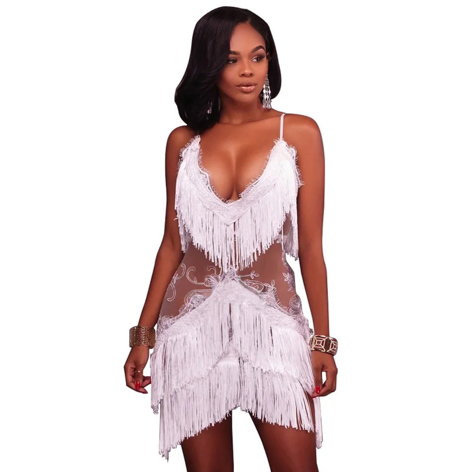 

S Curve Tassel Fringe Bandage Bodycon Mini Dress Sexy Lace Embroidery V Neck Spaghetti Strap Party Dress