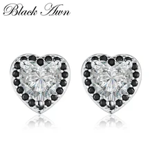 [Черный AWN] 925 пробы серебряные ювелирные изделия трендовые обручальные серьги-гвоздики для женщин сердце черный и белый камень T139
