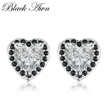 

[BLACK AWN] 100% 925 Sterling Silver Jewelry Trendy Engagement Stud Earrings for Women Heart Black&White Stone T139