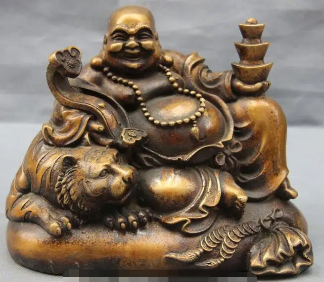 

S6221 China Bronze Copper Wealth Yuanbao Tiger Ruyi Happy Laugh Maitreya Buddha Statue D0318