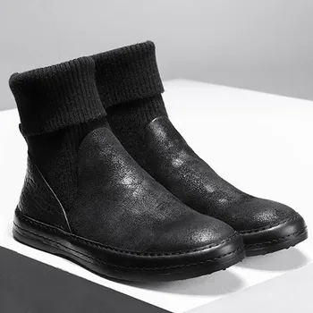 

Men Sock Boots Genuine Cow Leather Slip On Ankle High Top Luxury Sneakers Winter Vintage Knitting Boots Black Casual Flats Shoes