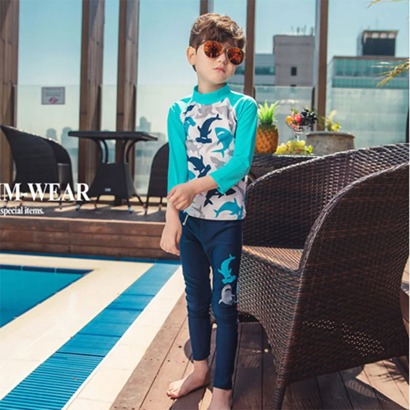 

Two Piece Swimsuit For Boy Children Toddler Rash Guard Tankini Bathing Clothes Cute 2019 Boys Swimwear Long Sleeve Print Dolphin