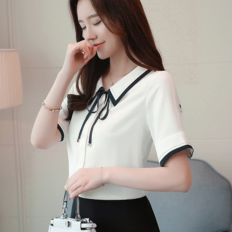 Корейские модные шифоновые женские блузки, однотонные белые женские рубашки с отложным воротником, большие размеры XXL Blusas Femininas Elegante