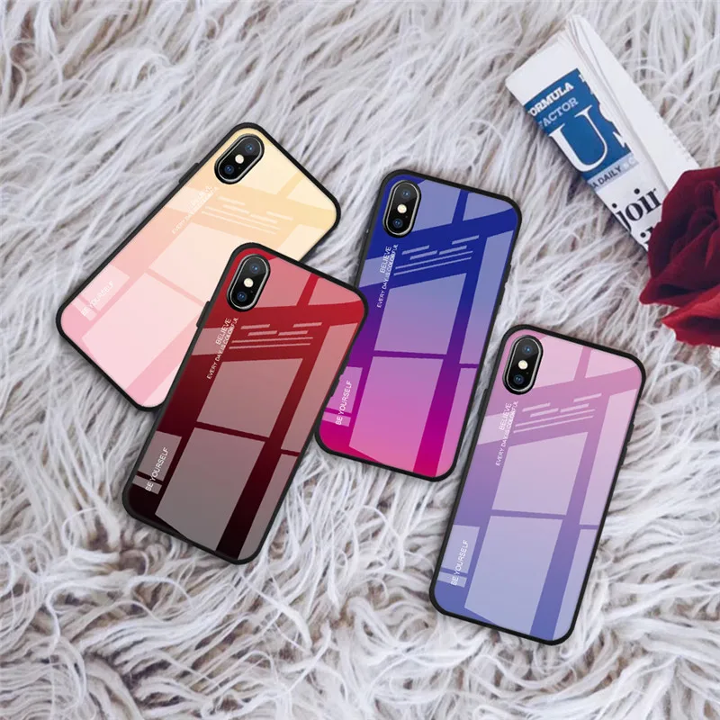 KJOEW закаленное стекло чехол для iPhone 7 8X6 6S Plus градиентный цвет синий луч Аврора