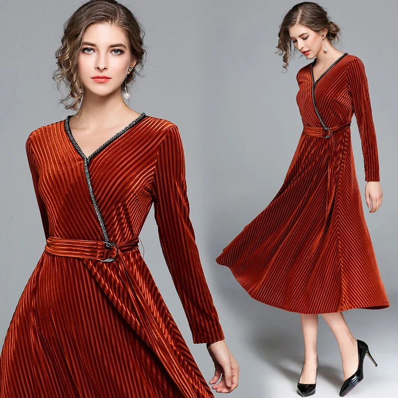 new european fashion women long sleeve v neck velvet dress with belt ...