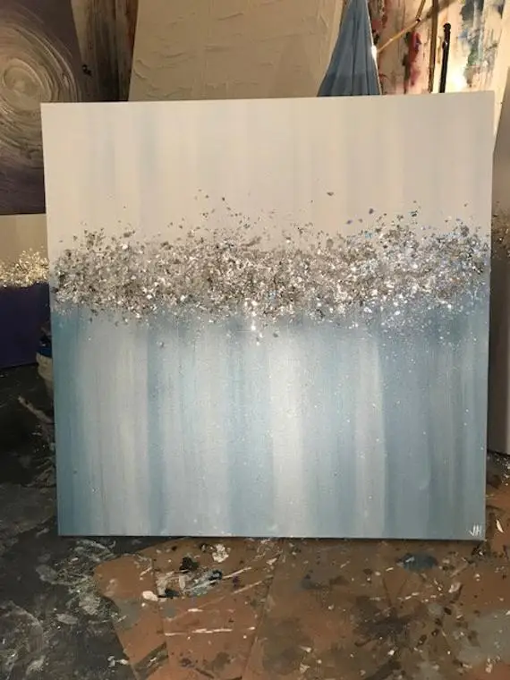 Большой и большой, абстрактный оригинальная живописная текстура Современная небесно-голубая Серебряная бликовая фольга с металлическим блеском белая картина боль в руке