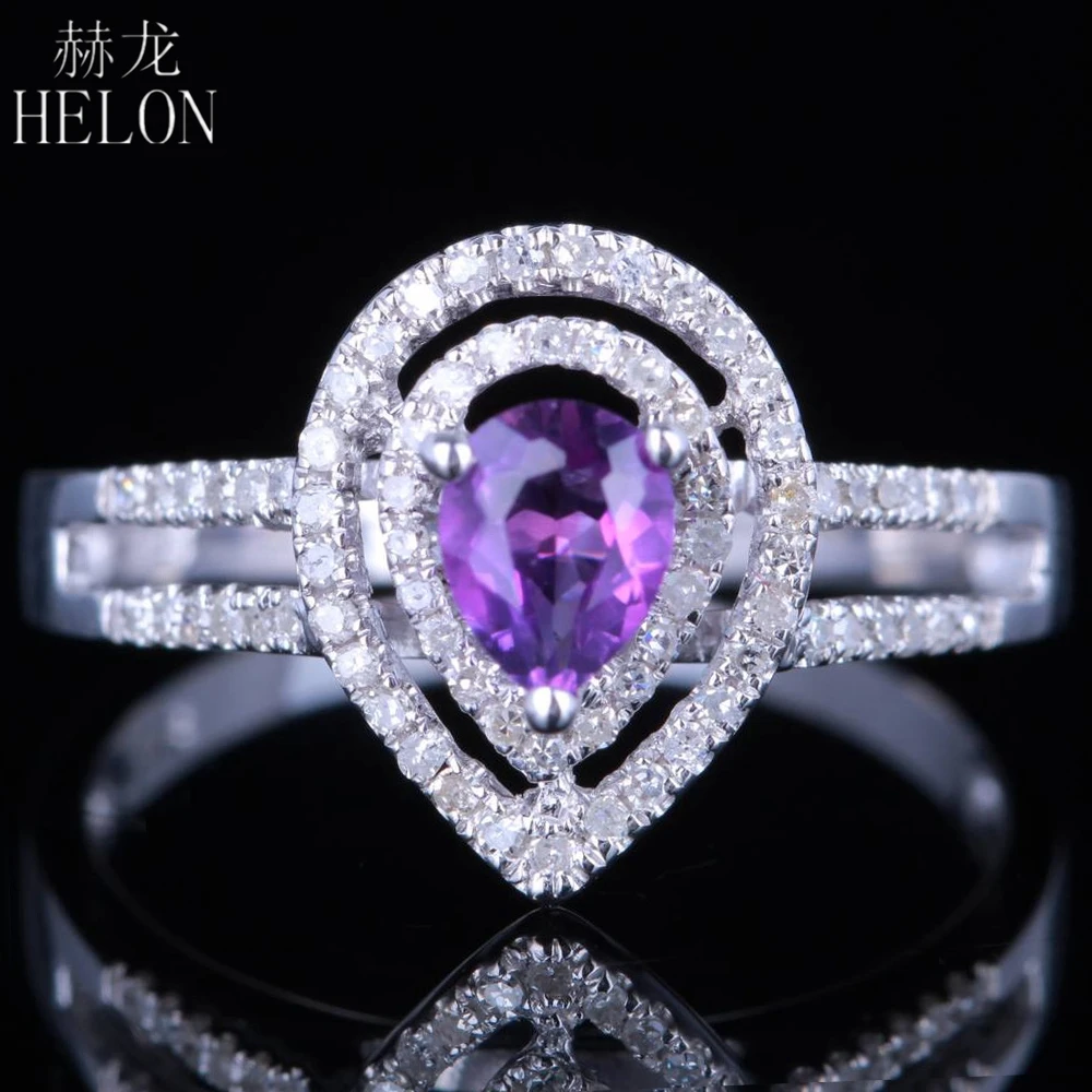 

HELON Solid 14K White Gold Sparkling Amethyst 5x4mm Pear 0.33ct Natural Diamonds Engagement Wedding Gem Ring For Women's Jewelry