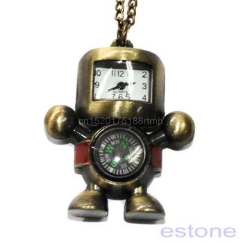 

Hot Vintage Bronze Tone Robot Compass Pocket Chain Quartz Pendant Watch Necklace