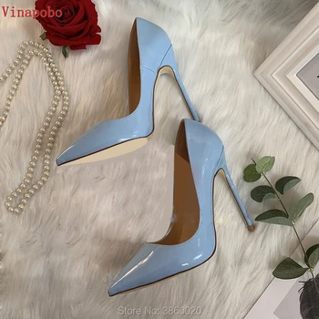 

2019 new pointed toe women shoes high heel 8cm 10cm 12cm Stiletto heels wedding shoe sexy Blue patent leather pumps women shoes