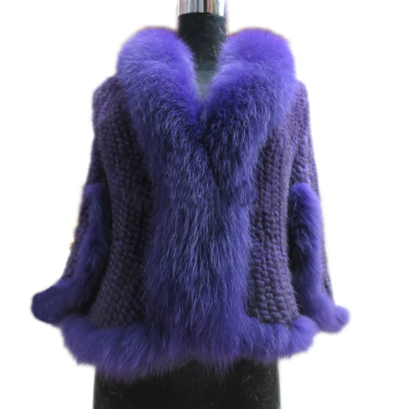 

Women Real Best Mink Fur Capes Coat Real Best Fox Collar Lady Winter Warm Party Poncho Purple