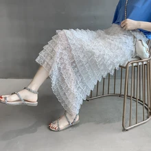 Хан издание chun xia сплайсинга торт юбки Новая кружевная юбка длинная высокая талия чистая юбки с вуалью