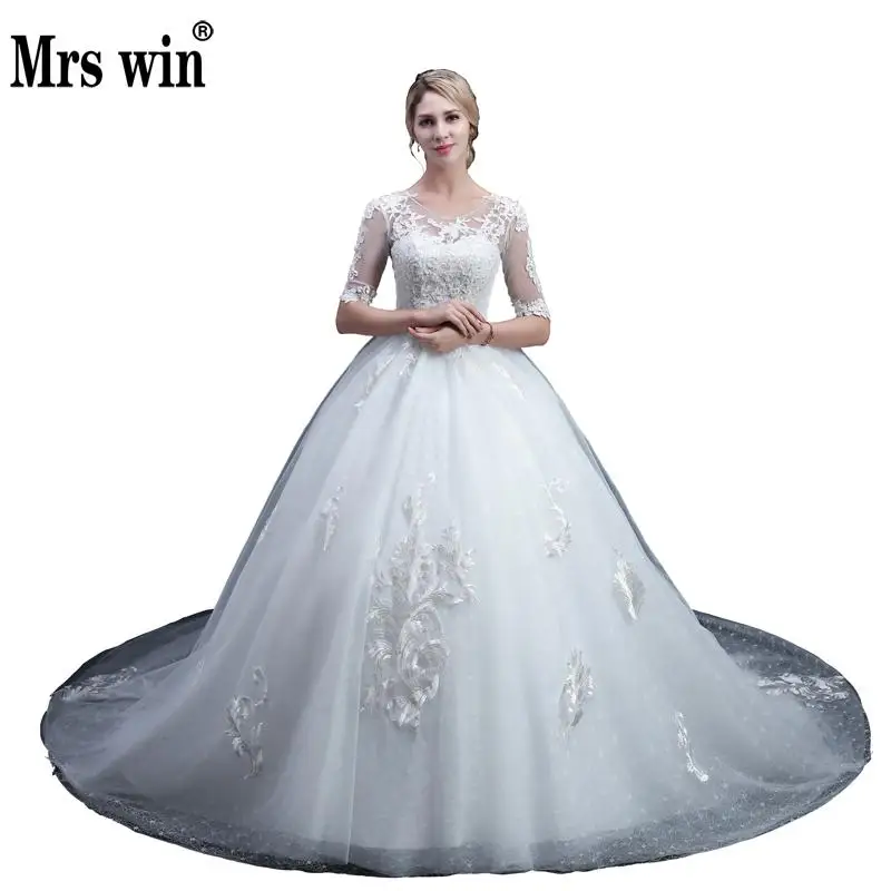 

Plus Size Half Sleeve Cathedral/royal Wedding Dress 2018 Luxury Long Train Appliques Bridal Gowns Vestido De Noiva Custom Size