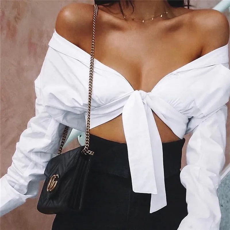 Cryptographic Cotton Sexy V-Neck White Womens Tops and Blouses Long Sleeve Shirts Cropped Tops Slim Casual Autumn Clothes New