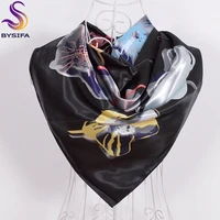 [BYSIFA]Women Men Black Silk Scarf Shawl New Design Spring Autumn Accessories Ladies Genius Flowers Satin Scarves Wraps 90x90cm 1
