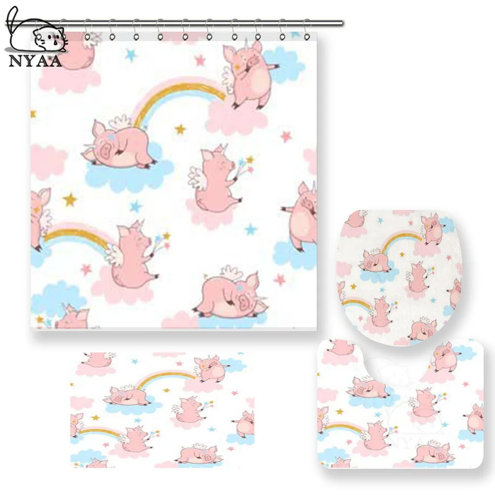 

NYAA 4 Pcs Cute Pig Shower Curtain Pedestal Rug Lid Toilet Cover Mat Bath Mat Set For Bathroom Decor