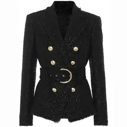 Мода 2018 осень зима дизайнер Тонкий Блейзер однотонная куртка женская серебряный блеск полосный пояс Блейзер Винтаж Пальто