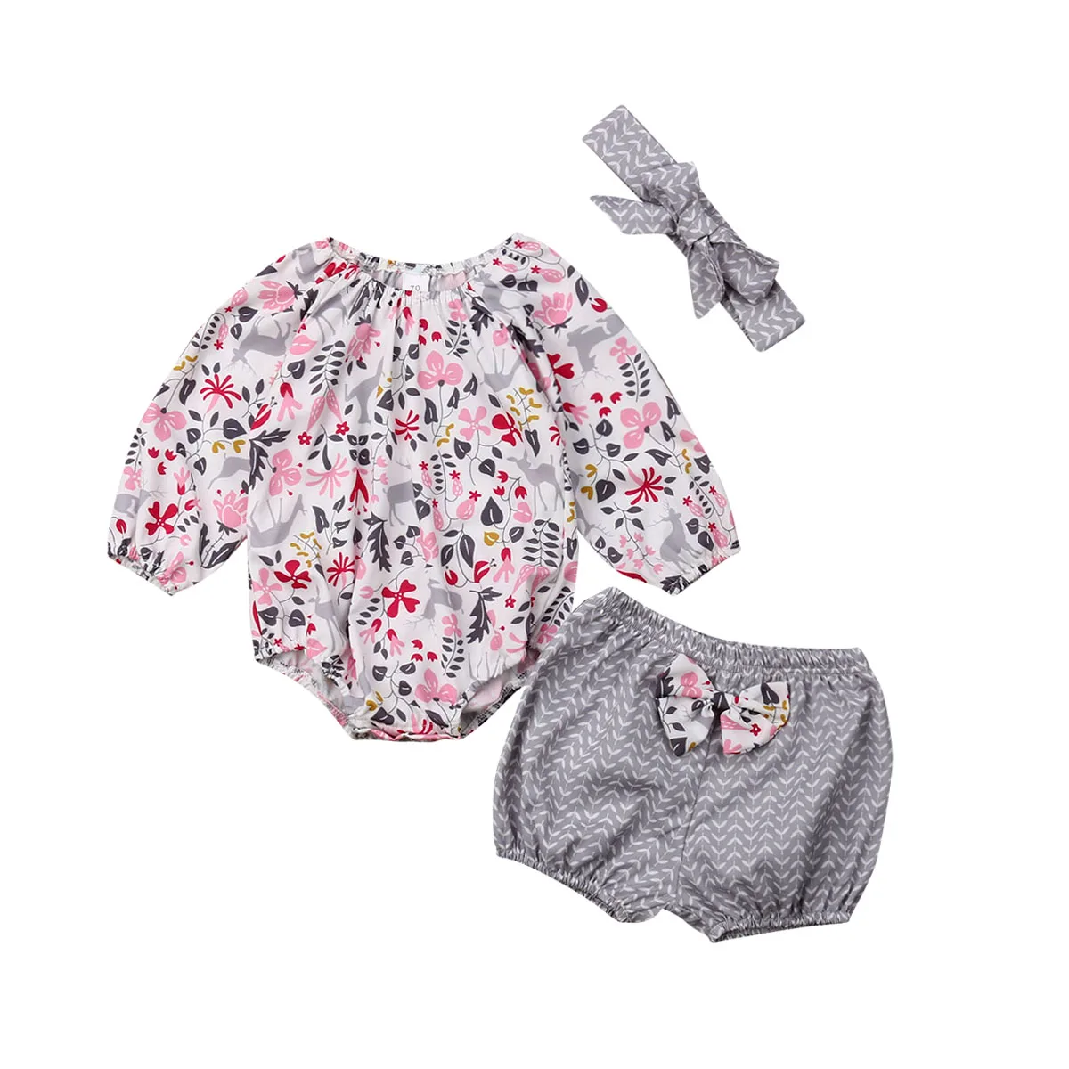 

Newest 3PCS Newborn Baby Girls Clothes Long Sleeve Deer Floral Tops Romper+Bow Shorts+Headband Outfits Tracksuit 0-18M
