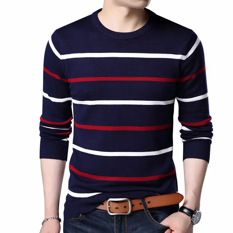 

2019 New Pullover Men Brand Clothing Autumn Winter Wool Round Collar Slim fit Sweater Men Casual Striped Pull Jumper Men
