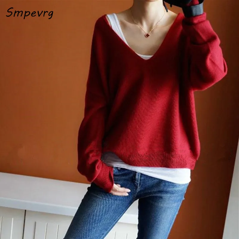 Smpevrg Осень Зима кашемировый свитер женские свитера и пуловеры длинный рукав большой v-образный вырез сексуальный шерстяной вязаный женский пуловер - Цвет: red
