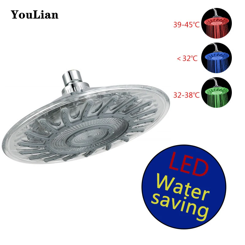 

LED top spray Visible temperature shower-head round Fixed shower faucet showerhead wall mounted nozzle ABS plastic bathing head